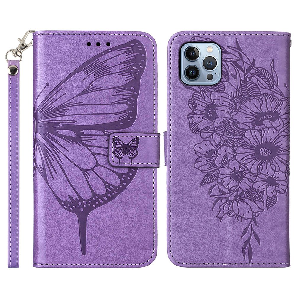 YB Imprinting Series-4 For iPhone 15 Pro Max Phone Leather Case Stand Wallet Butterfly Flower Imprinted Cover with Hand Strap - Light Purple YB Imprinting Series-4 For iPhone 15 Pro Max Phone Leather Case Stand Wallet Butterfly Flower Imprinted Cover with Hand Strap - Light Purple